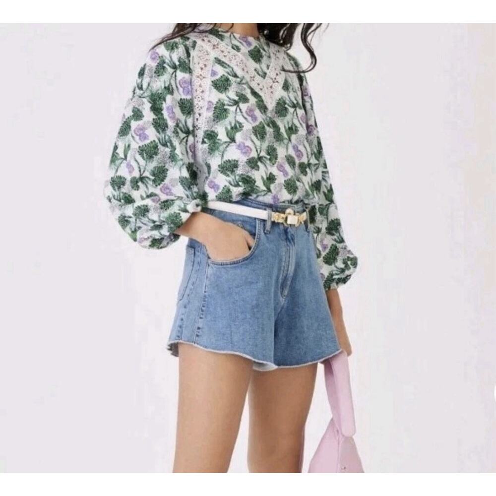Maje Vegetal Tropical Print Blouse Size 2 Linen Blend Botanical Cottagecore